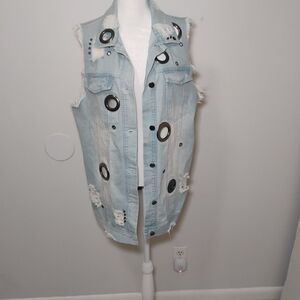 Distressed Denim Duster Vest Spikes Holes Steampunk Punk Rock Biker Metal Sz L